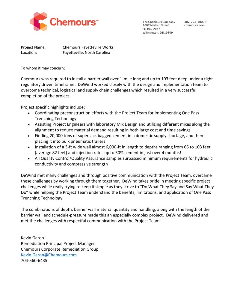Chemours wrote a letter of recommendation regarding DeWind One Pass Trenching services